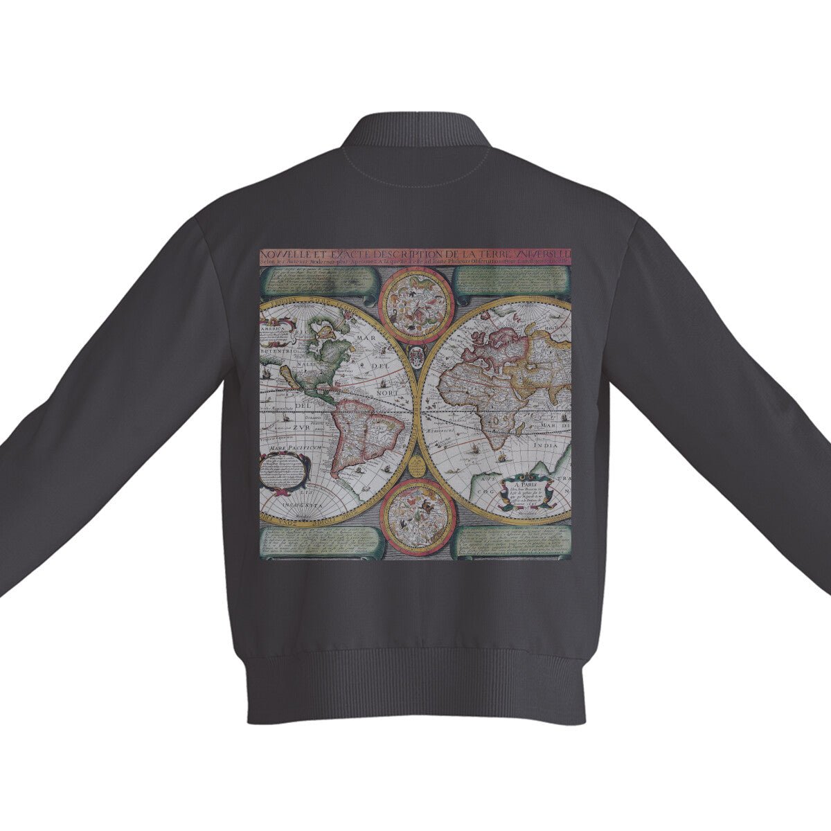 Old World Maps Bomber Jacket Charcoal Grey Printrove