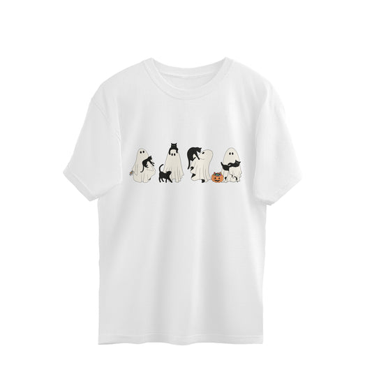 Halloween Cat Ghost Oversized T-Shirt White Printrove