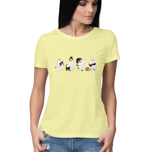 Halloween Cat Ghost Women's T-Shirt Butter Yellow Printrove