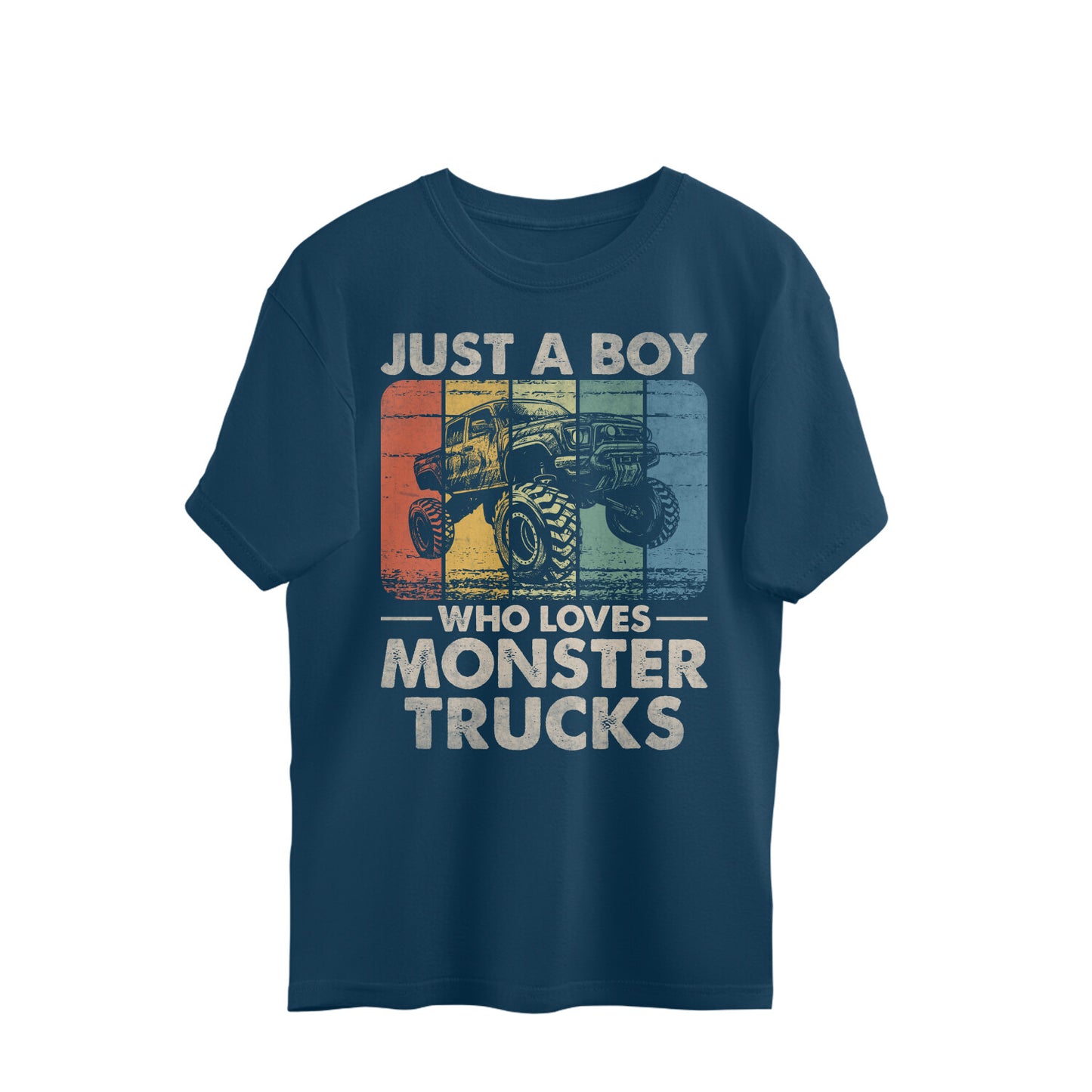 Boy Who Loves Monster Trucks Oversized T-Shirt Navy Blue Printrove