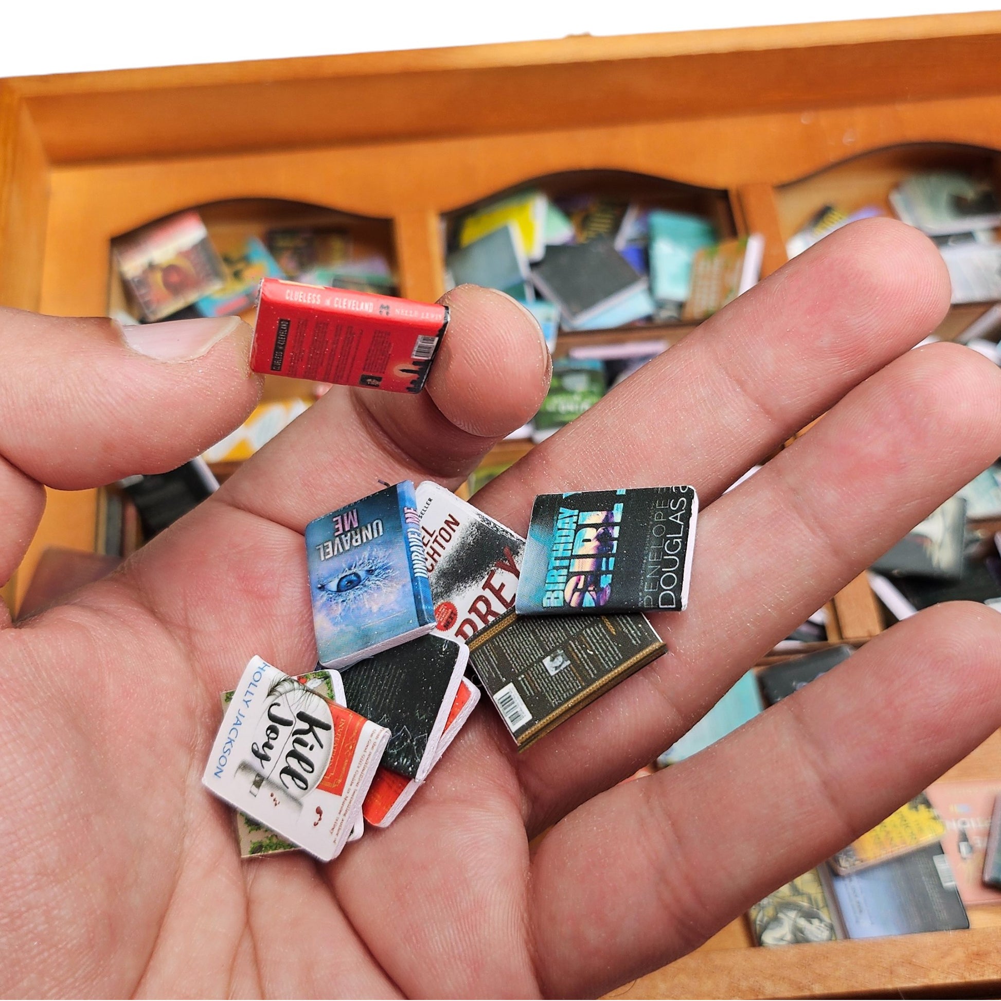 Anxiety Bookshelf with 200 Tiny Books Wooden Mini Library & Stress Relief Ornament Sentosa Color Lab