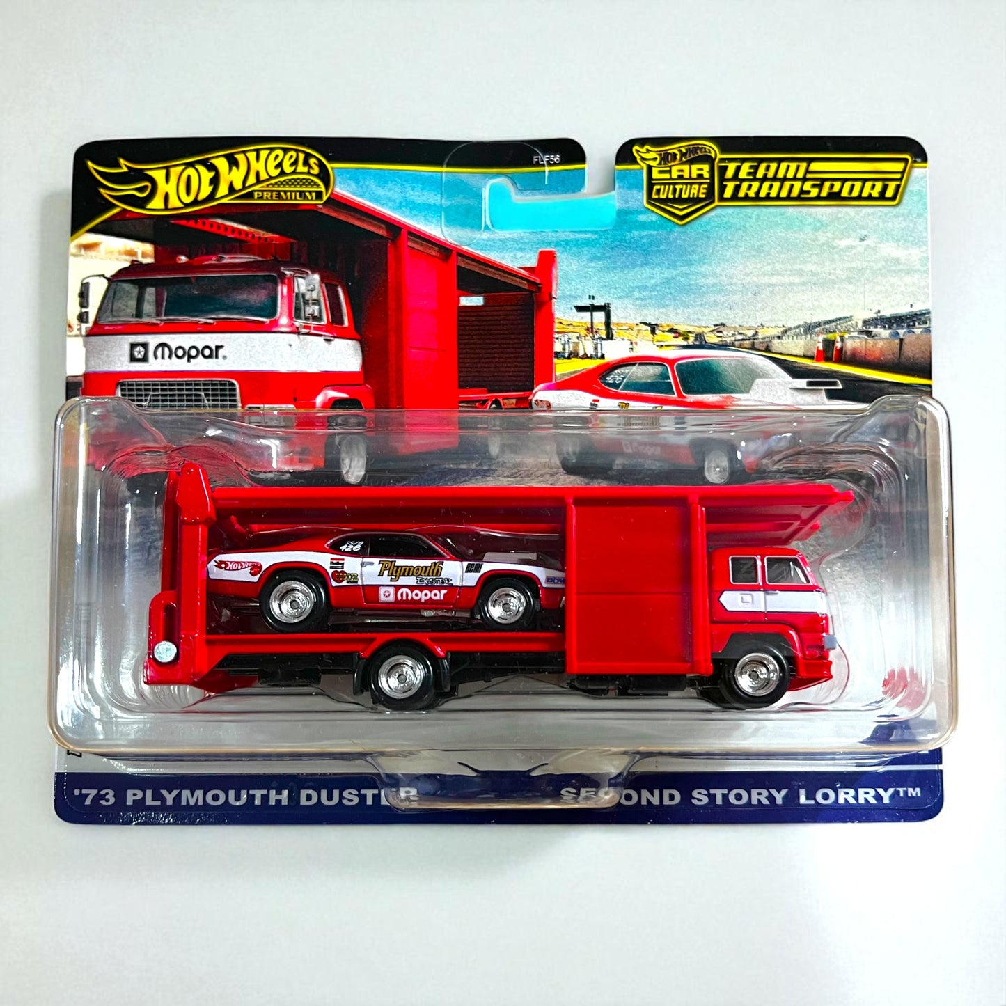 Original Hot Wheels Premium FLF56 - '73 Plymouth Duster + Second Story Lorry Team Transport (2025 Edition) Mattel