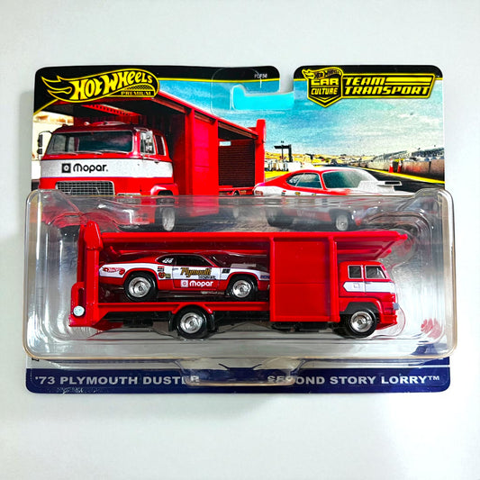 Original Hot Wheels Premium FLF56 - '73 Plymouth Duster + Second Story Lorry Team Transport (2025 Edition) Mattel