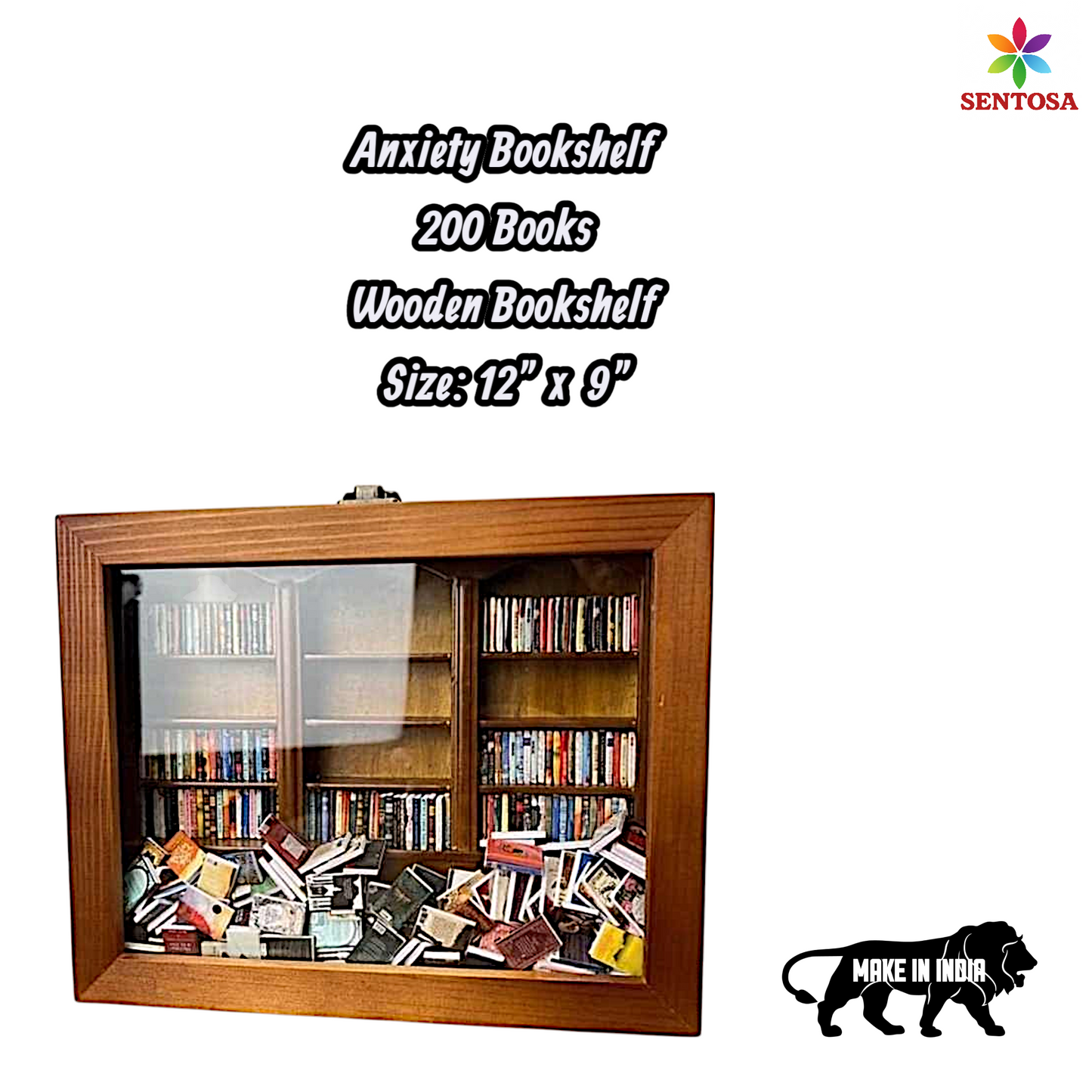 Anxiety Bookshelf with 200 Tiny Books Wooden Mini Library & Stress Relief Ornament Sentosa Color Lab