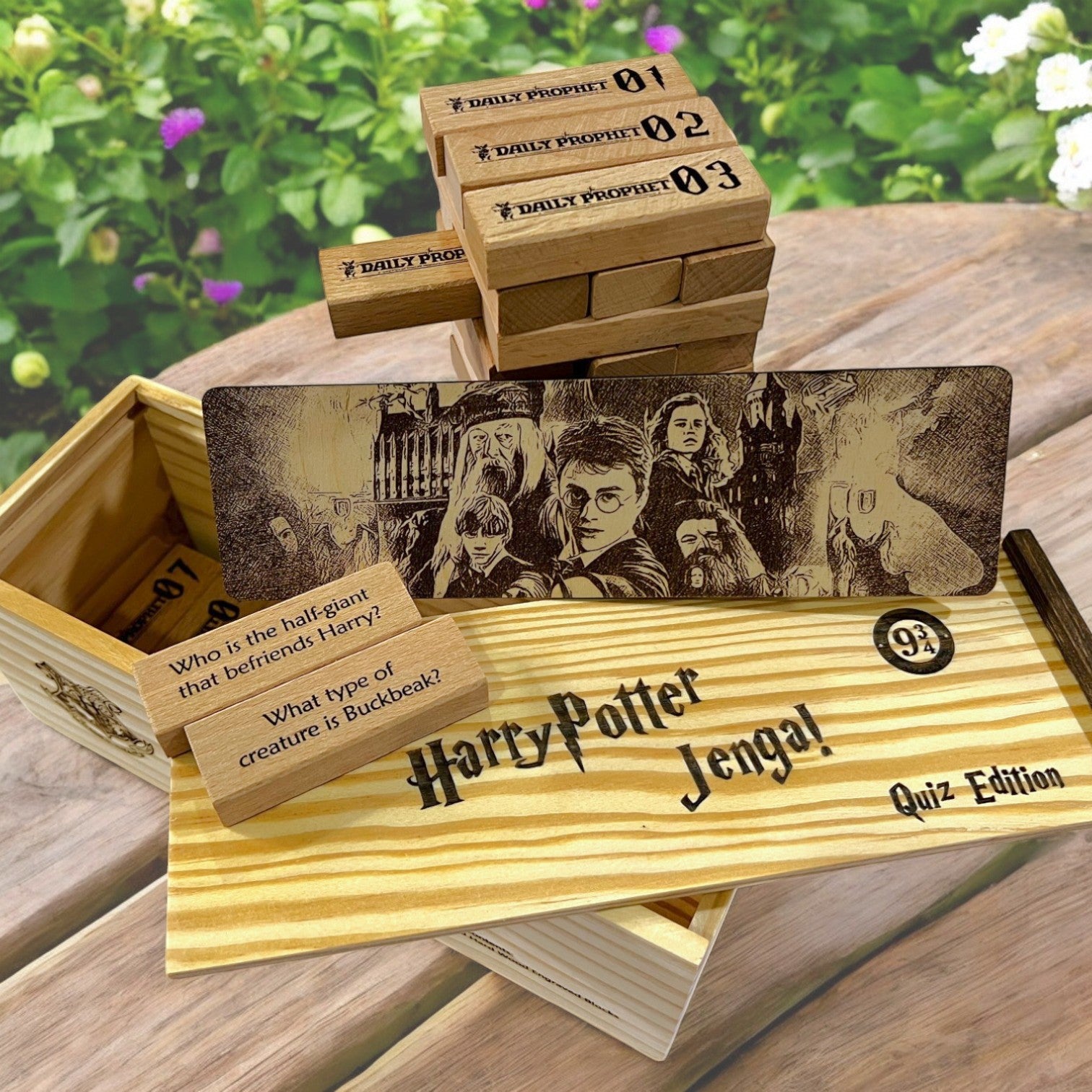 The Harry Potter Jenga Edition - 48 Blocks with Magical Questions for Fans, Wooden Box Storage, Movie Trivia Questions Sentosa