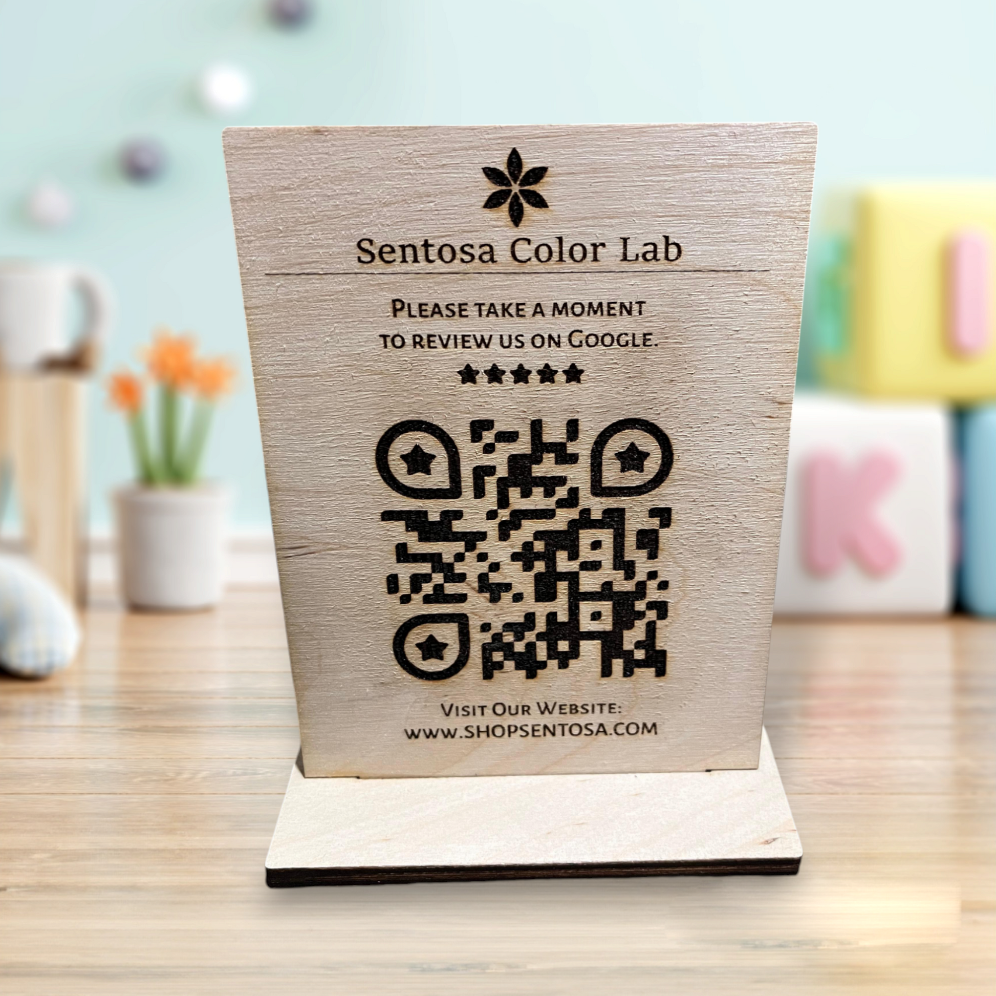 Elegant Custom Wooden QR Code with Stand - Personalized Sentosa Color Lab