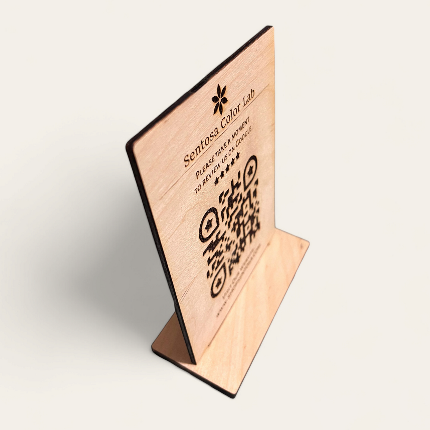 Elegant Custom Wooden QR Code with Stand - Personalized Birch Wood Sentosa Color Lab