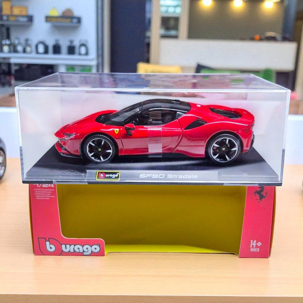 Bburago Ferrari SF90 Stradale 1:24 Scale Red Die-Cast Model Car With Clear Display Case & Stand – Collector’s Edition Bburago