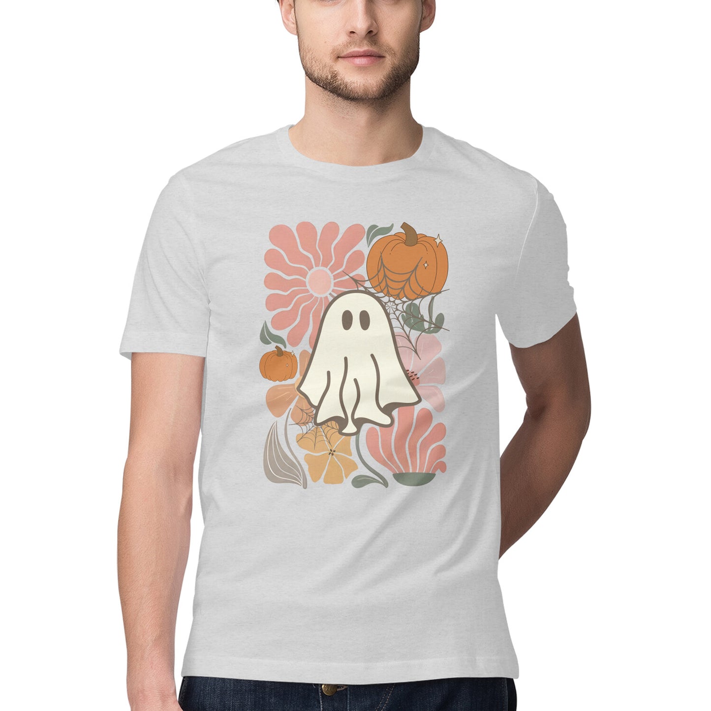 Boho Floral Ghost T-Shirt Melange Grey Printrove