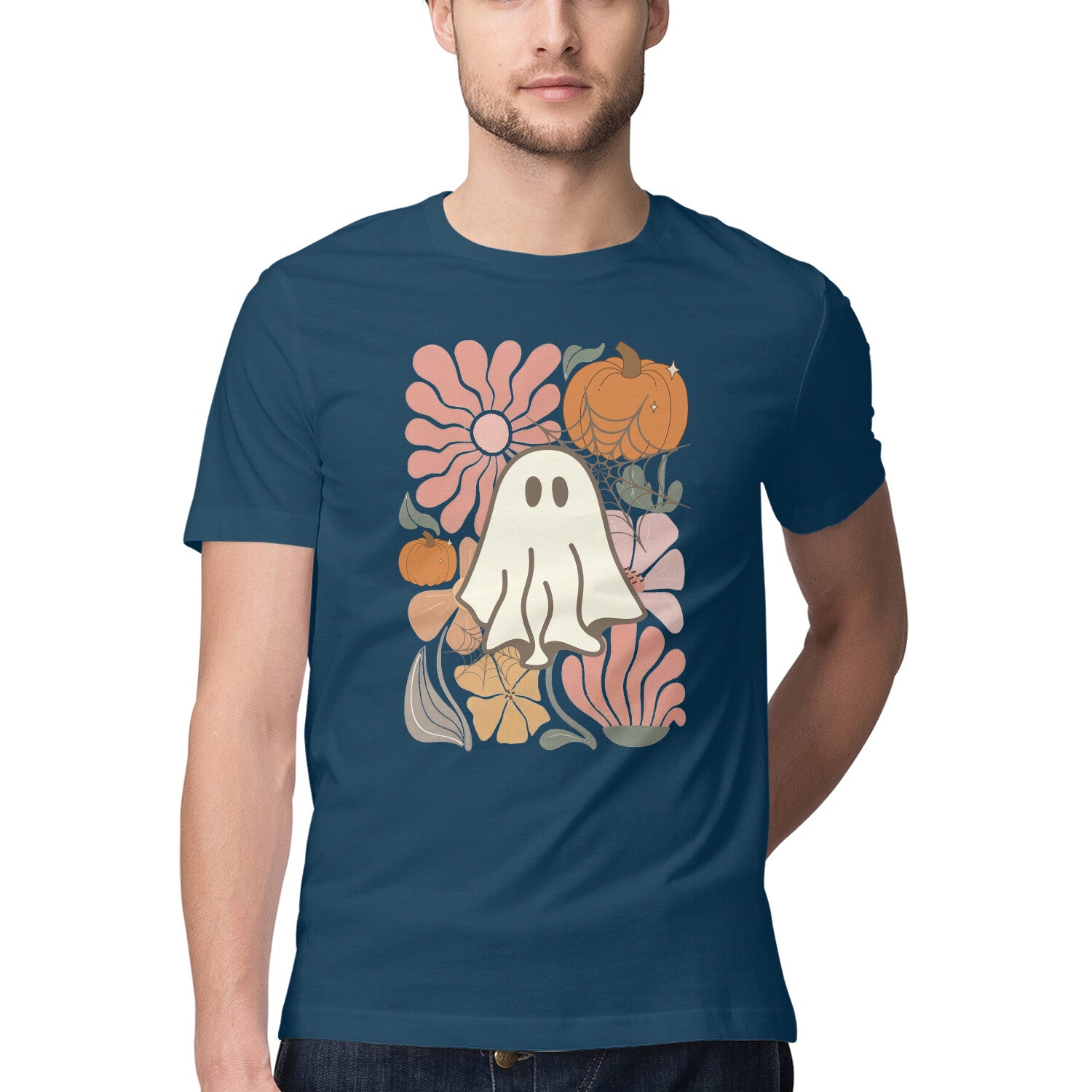 Boho Floral Ghost T-Shirt Navy Blue Printrove