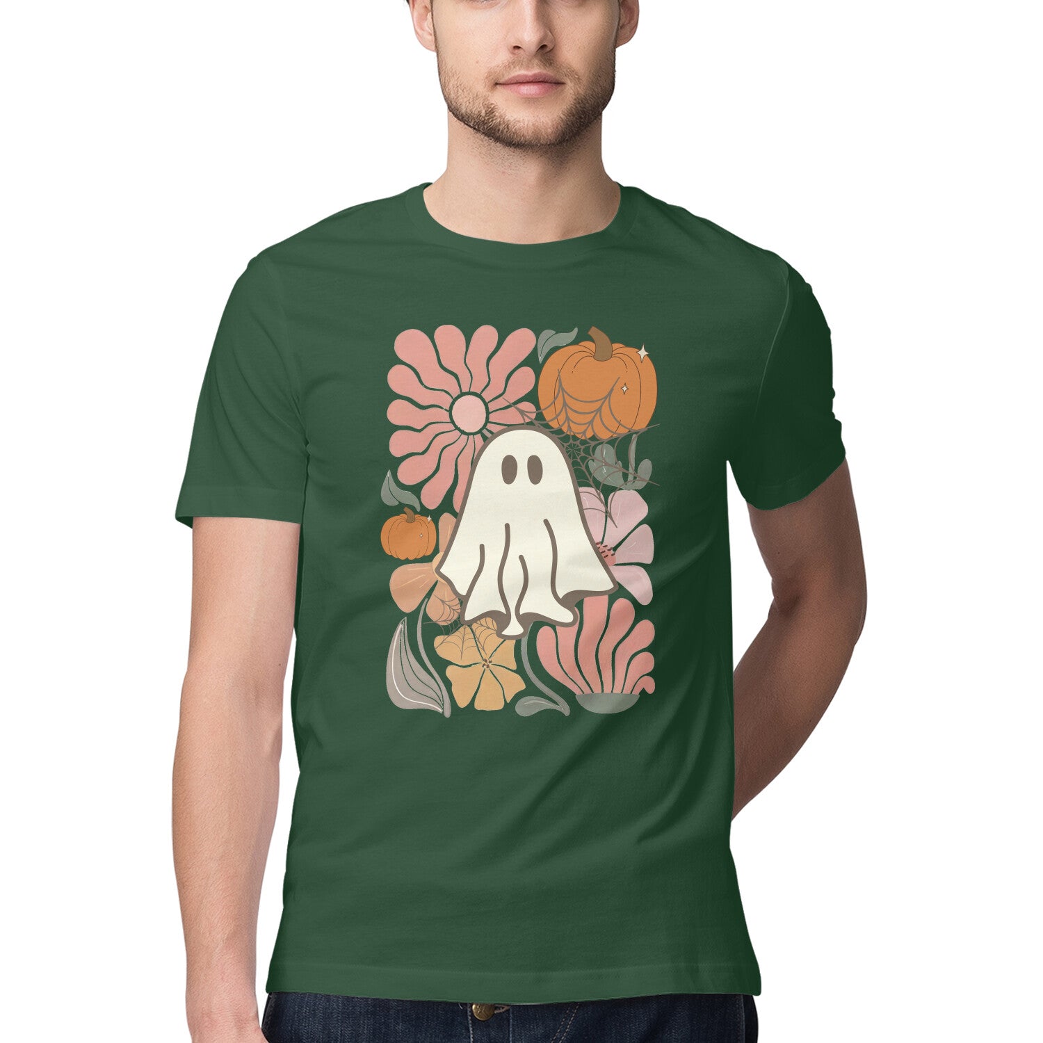 Boho Floral Ghost T-Shirt Olive Green Printrove