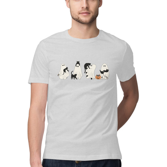 Halloween Cat Ghost T-Shirt Melange Grey Printrove