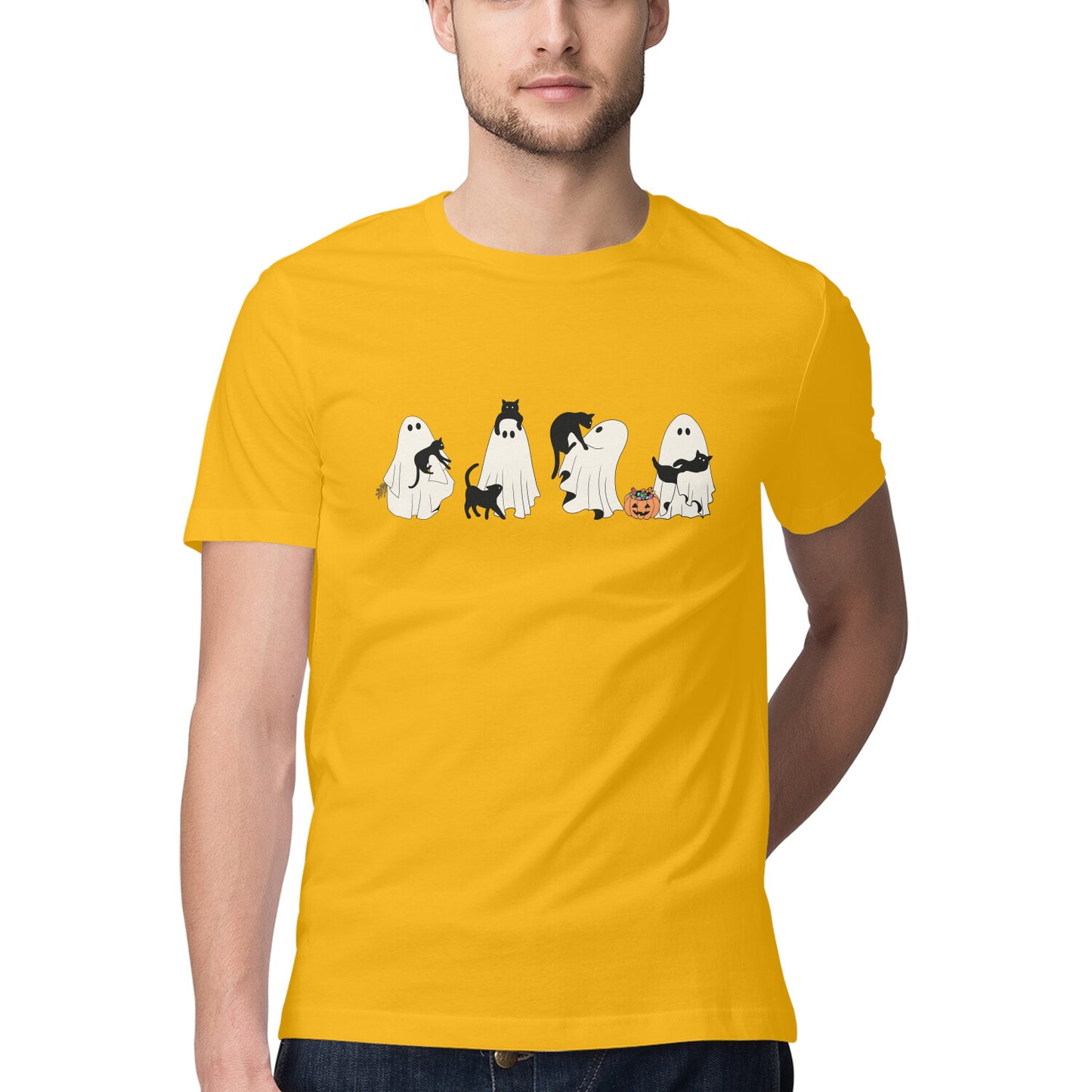 Halloween Cat Ghost T-Shirt Golden Yellow Printrove