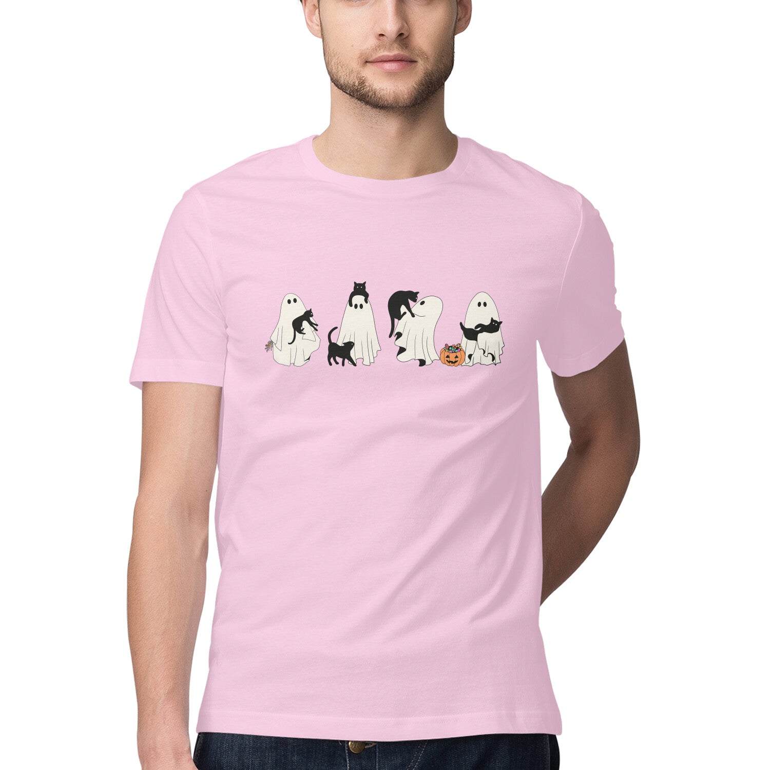 Halloween Cat Ghost T-Shirt Light Pink Printrove