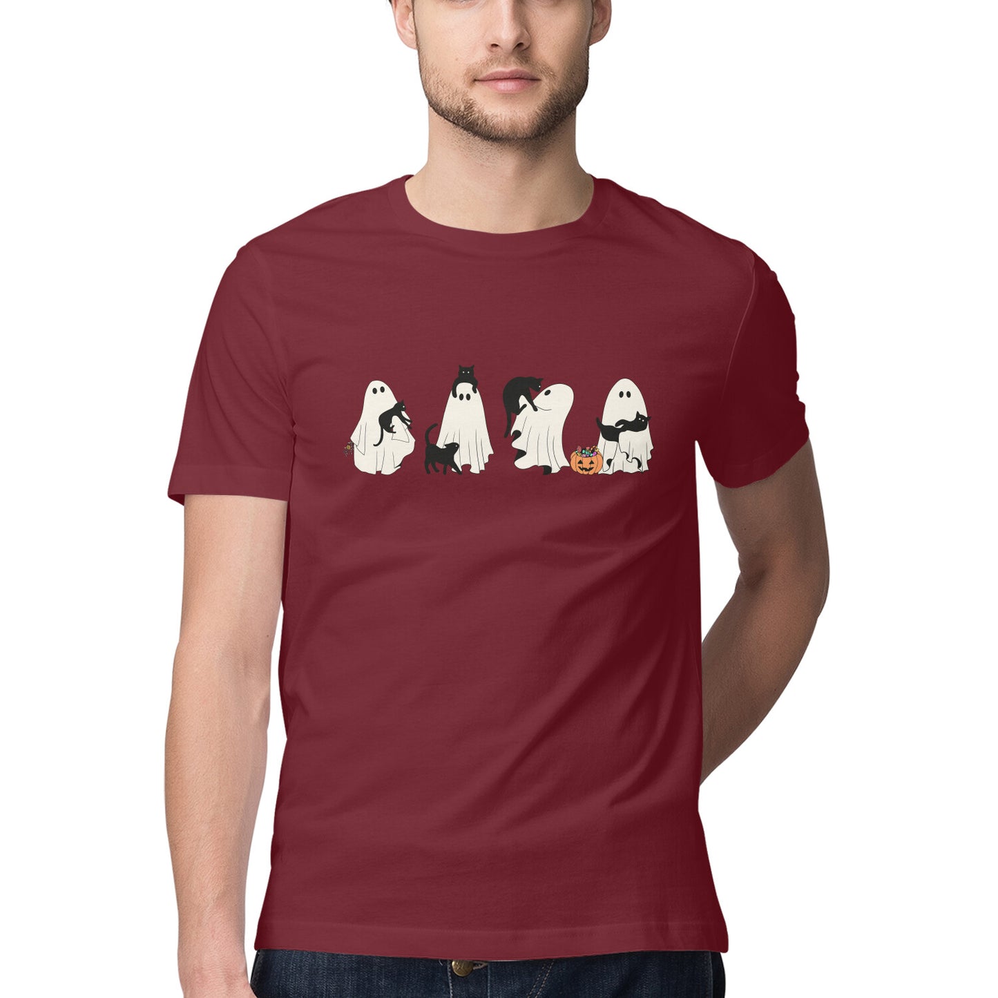 Halloween Cat Ghost T-Shirt Maroon Printrove