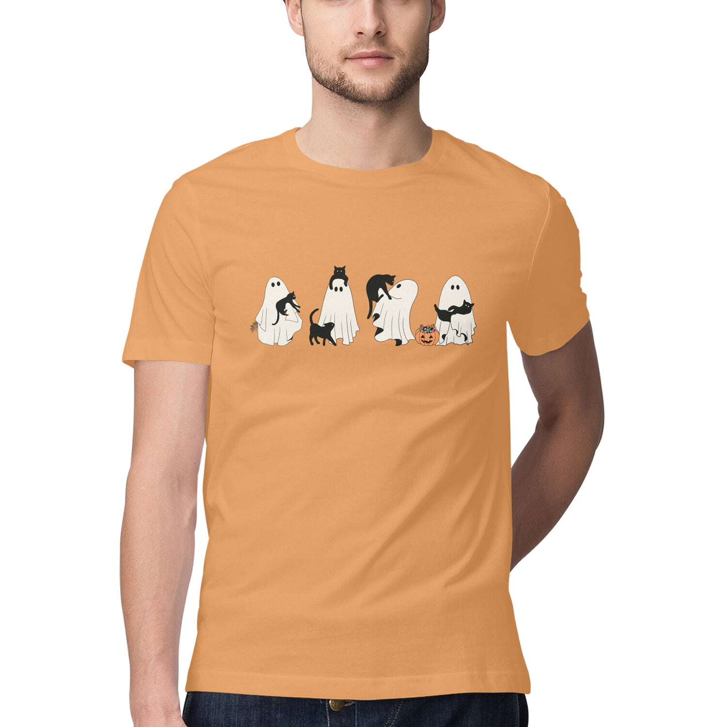 Halloween Cat Ghost T-Shirt Mustard Yellow Printrove