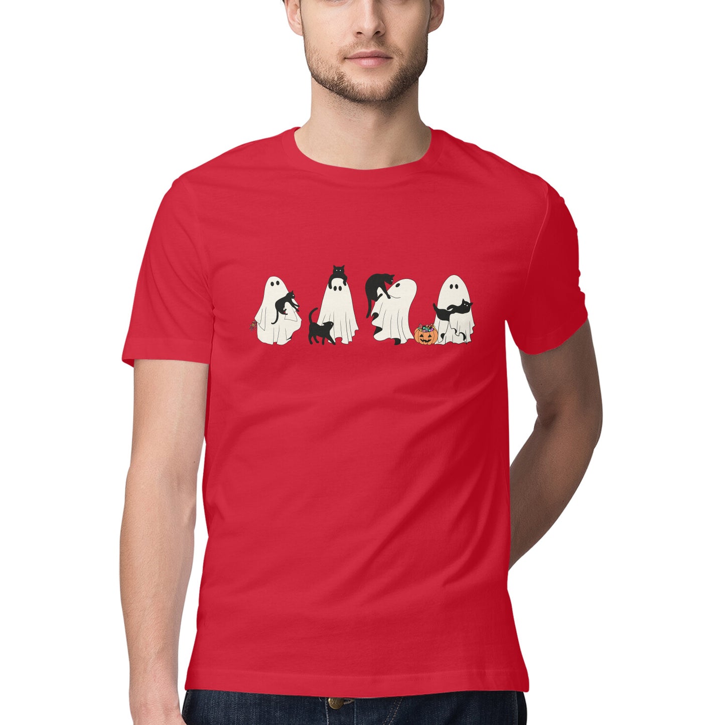 Halloween Cat Ghost T-Shirt Red Printrove