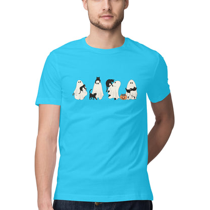 Halloween Cat Ghost T-Shirt Sky Blue Printrove