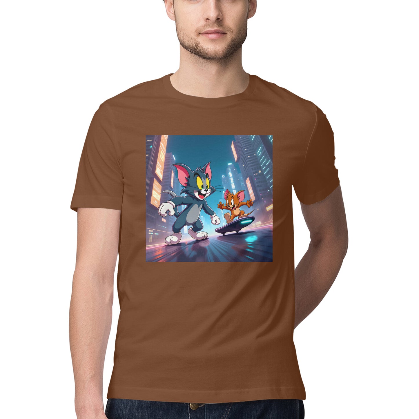 Modern Day Tom & Jerry T-Shirt Coffee Brown Printrove