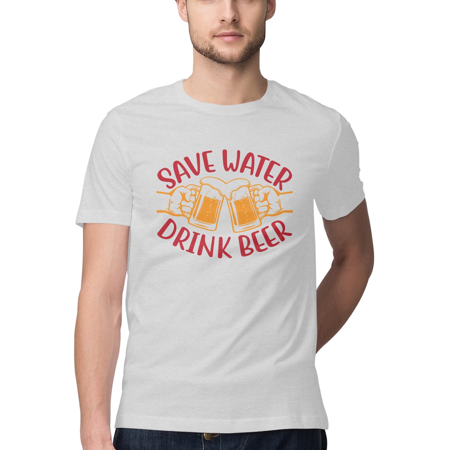 Save Water Drink Beer T-Shirt Melange Grey Printrove