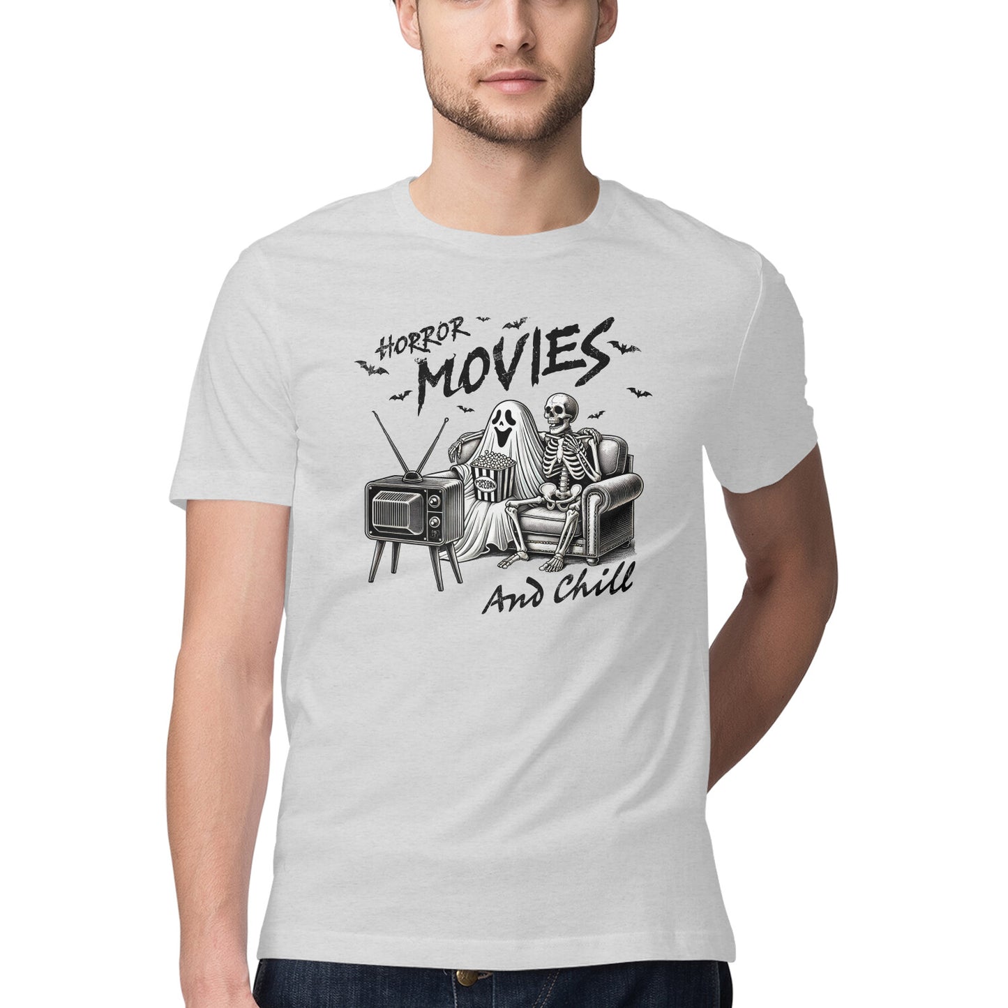Horror Movies & Chill T-Shirt Melange Grey Printrove