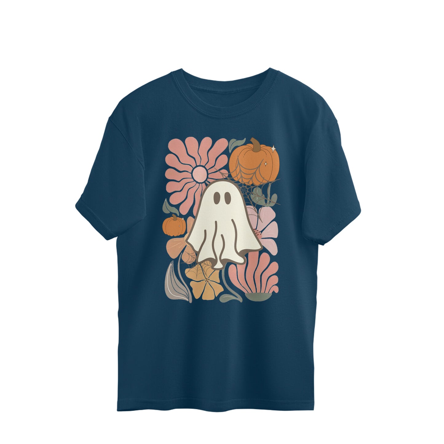 Boho Floral Ghost Oversized T-Shirt Navy Blue Printrove