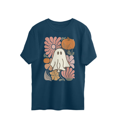 Boho Floral Ghost Oversized T-Shirt Navy Blue Printrove