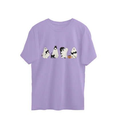 Halloween Cat Ghost Oversized T-Shirt Iris Lavender Printrove