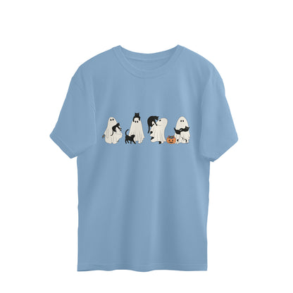 Halloween Cat Ghost Oversized T-Shirt Baby Blue Printrove