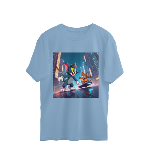 Modern Day Tom & Jerry Oversized T-Shirt Baby Blue Printrove