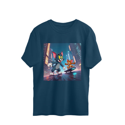 Modern Day Tom & Jerry Oversized T-Shirt Navy Blue Printrove