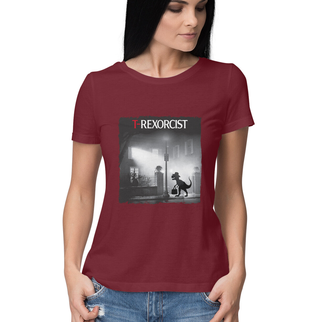 T-Rexorcist Women's T-Shirt Maroon Printrove