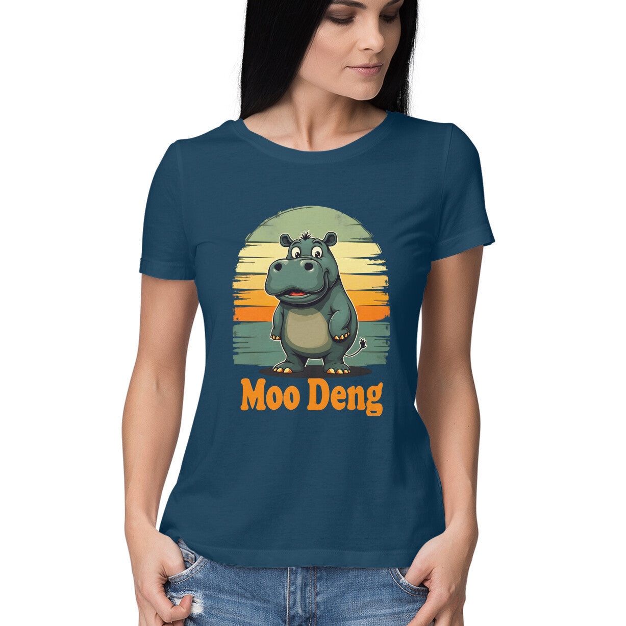 Moo Deng Women's T-Shirt Navy Blue Printrove