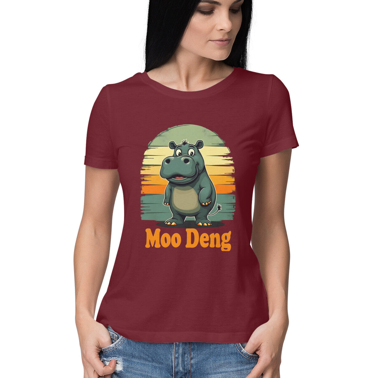 Moo Deng Women's T-Shirt Maroon Printrove