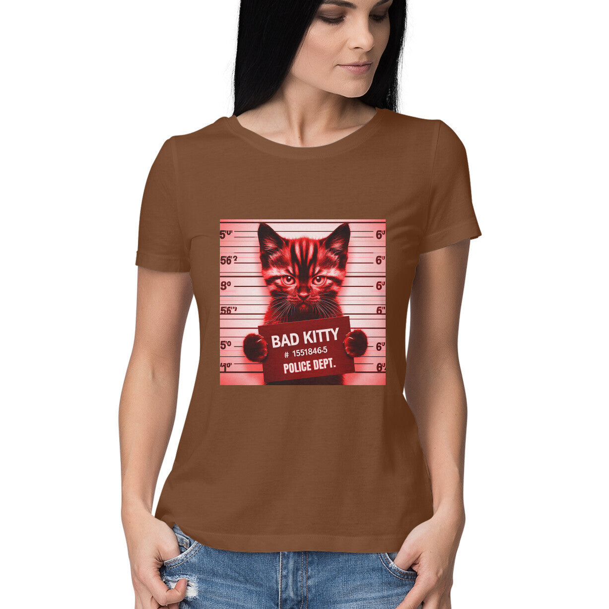 Bad Kitty Women's T-Shirt Coffee Brown Printrove