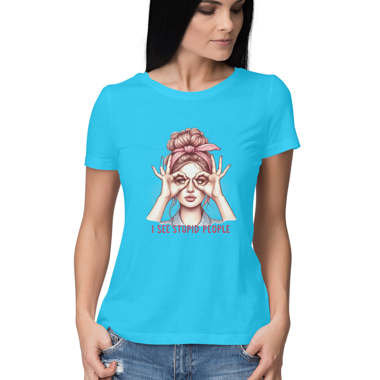 I See Stupid People Women's T-Shirt Sky Blue Printrove