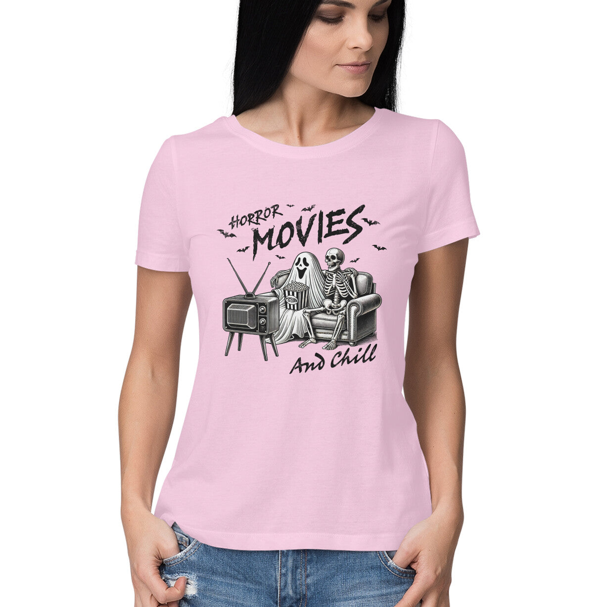Horror Movies & Chill Women's T-Shirt Light Pink Printrove