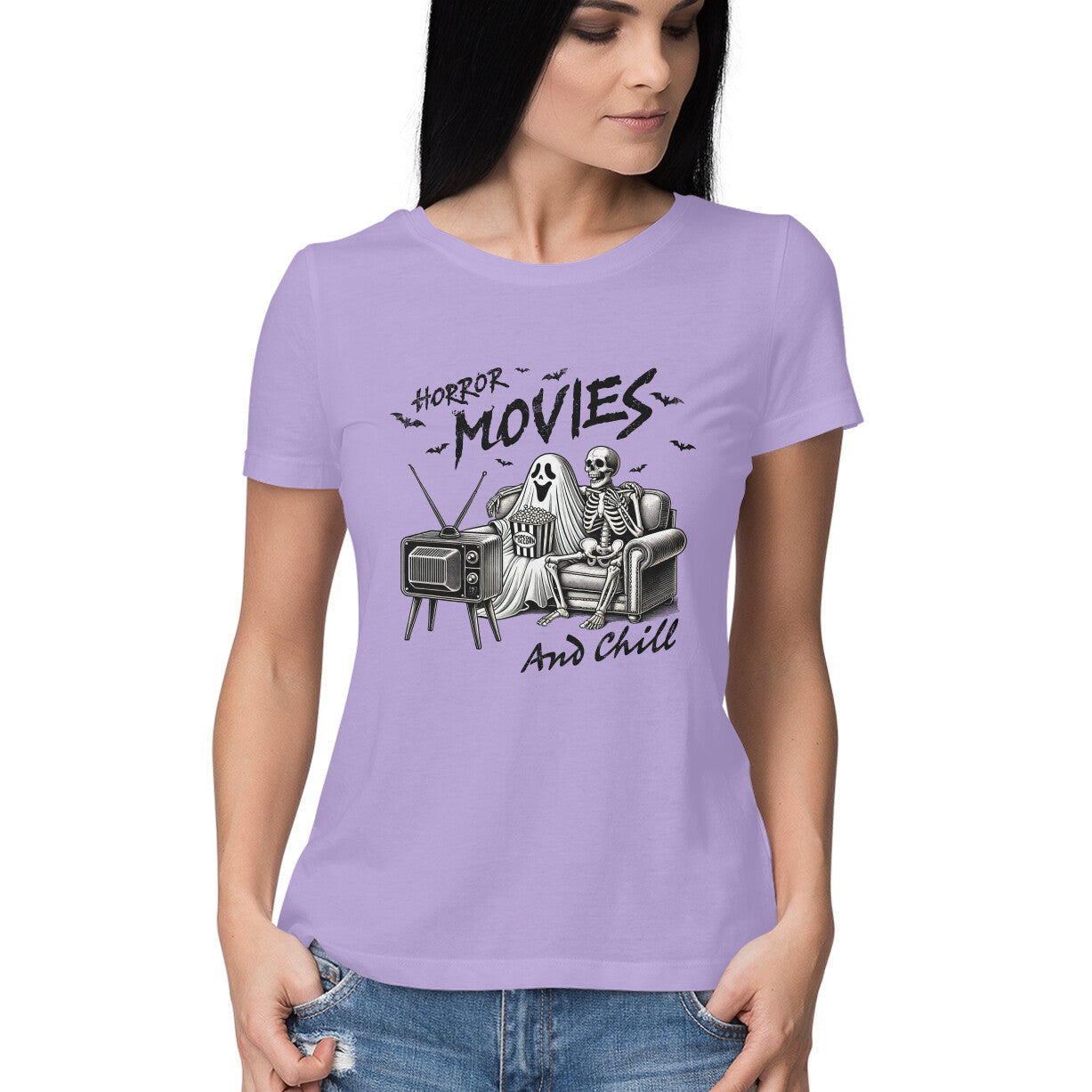 Horror Movies & Chill Women's T-Shirt Iris Lavender Printrove