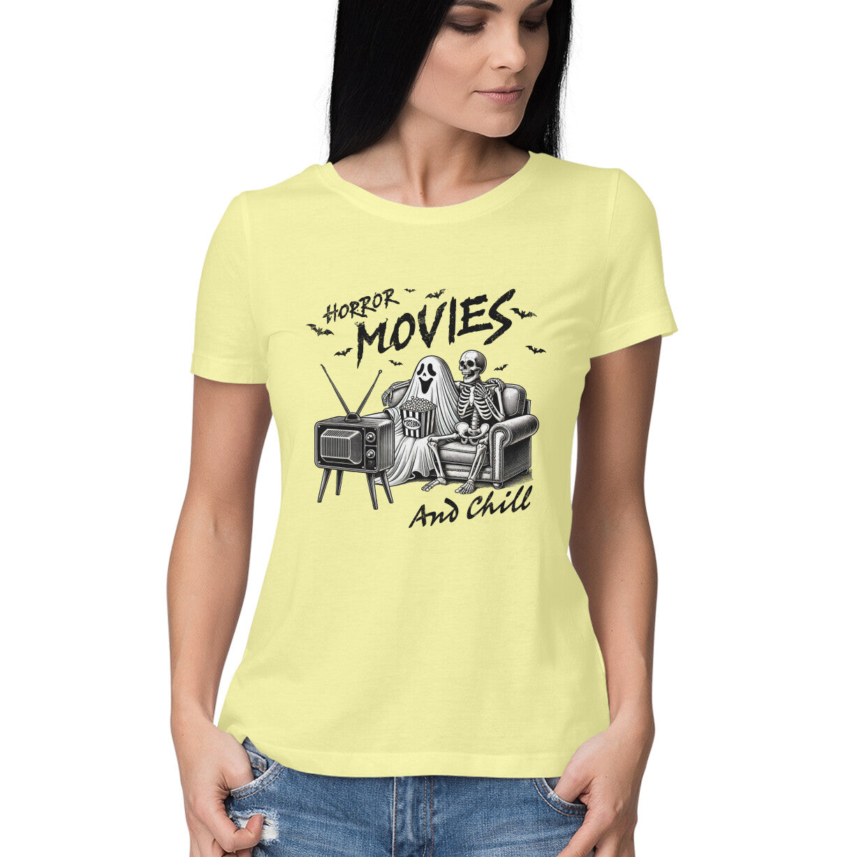 Horror Movies & Chill Women's T-Shirt Butter Yellow Printrove