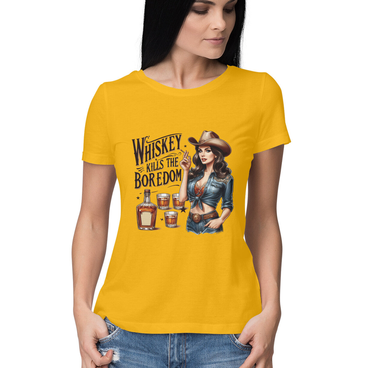 Whiskey Kills The Boredom Women's T-Shirt Golden Yellow Printrove