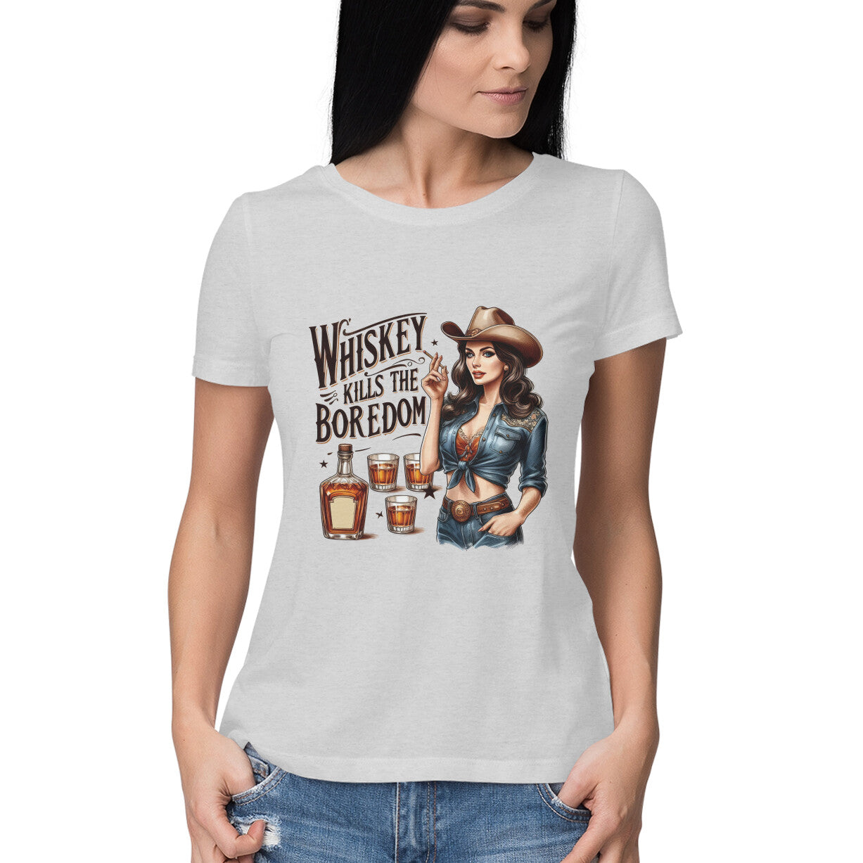 Whiskey Kills The Boredom Women's T-Shirt Melange Grey Printrove