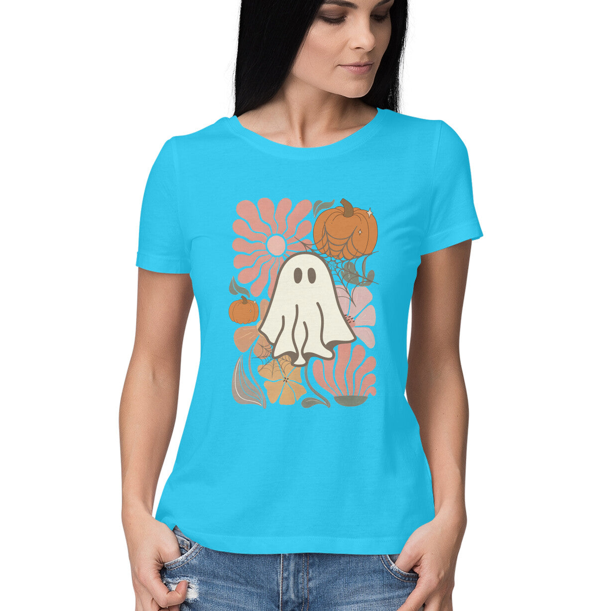 Boho Floral Ghost Women's T-Shirt Sky Blue Printrove