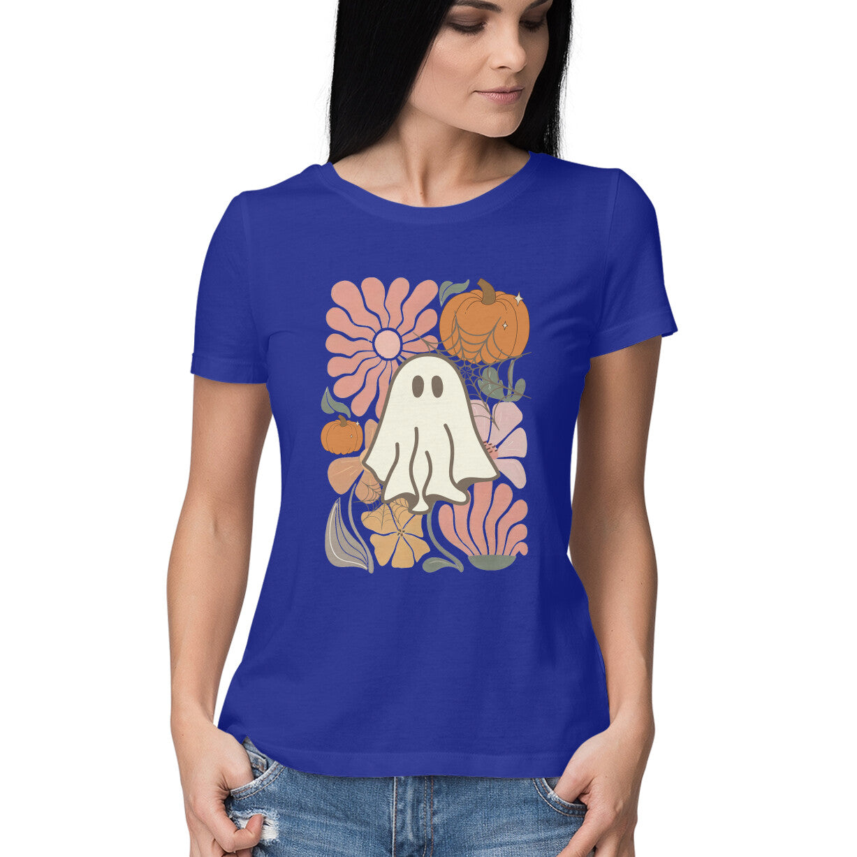 Boho Floral Ghost Women's T-Shirt Royal Blue Printrove