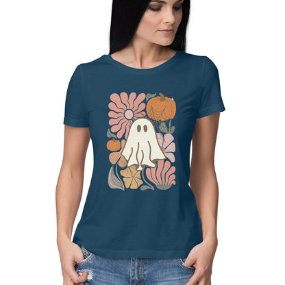 Boho Floral Ghost Women's T-Shirt Navy Blue Printrove