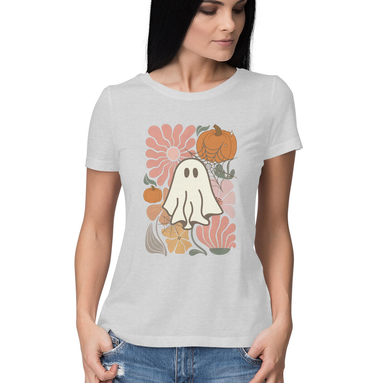Boho Floral Ghost Women's T-Shirt Melange Grey Printrove