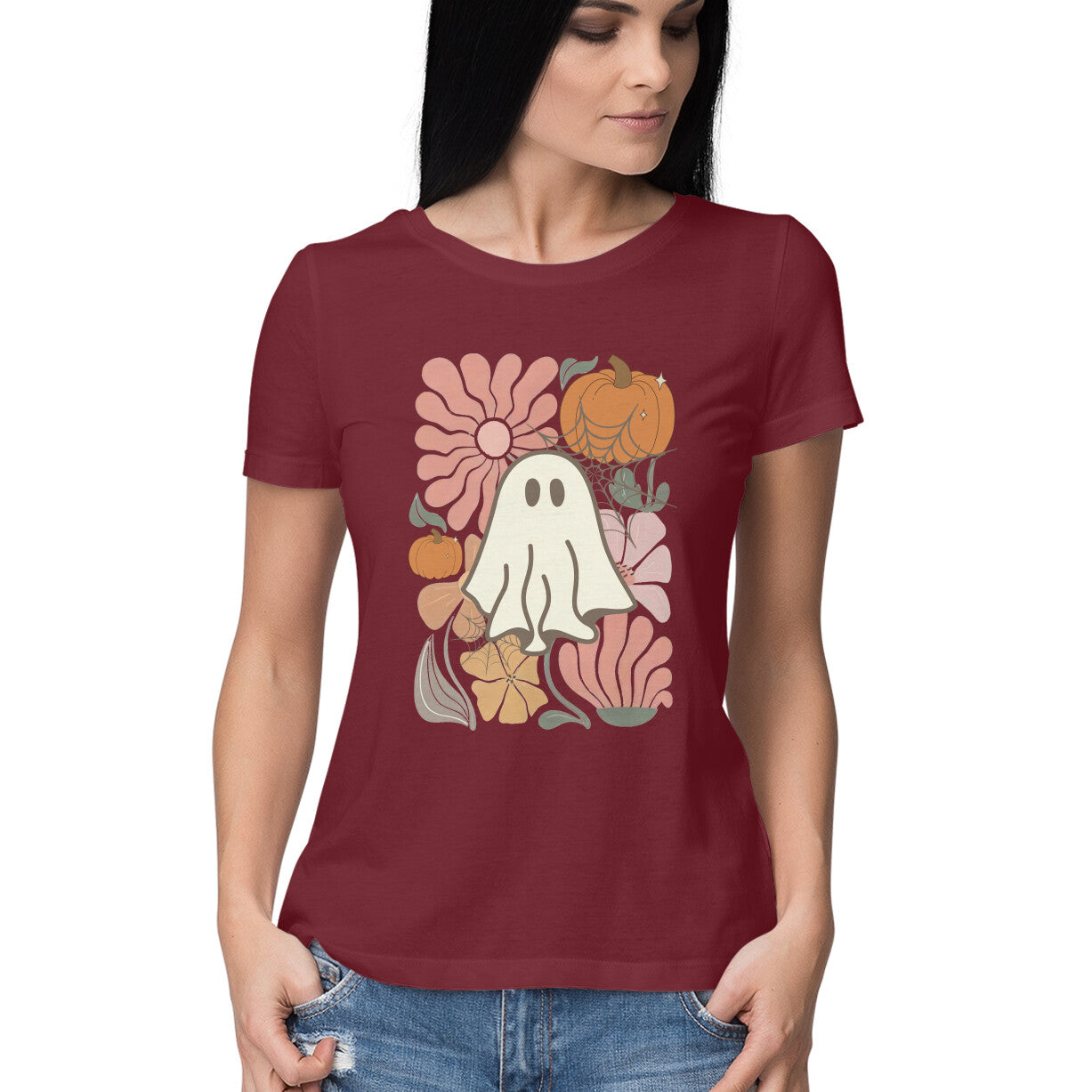 Boho Floral Ghost Women's T-Shirt Maroon Printrove