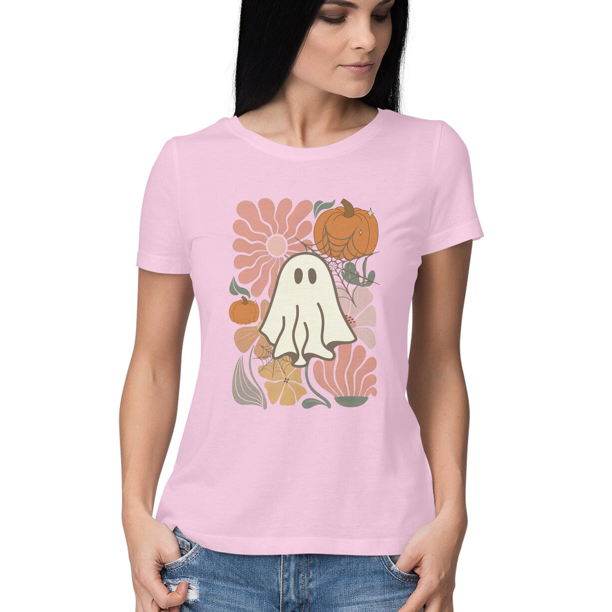 Boho Floral Ghost Women's T-Shirt Light Pink Printrove