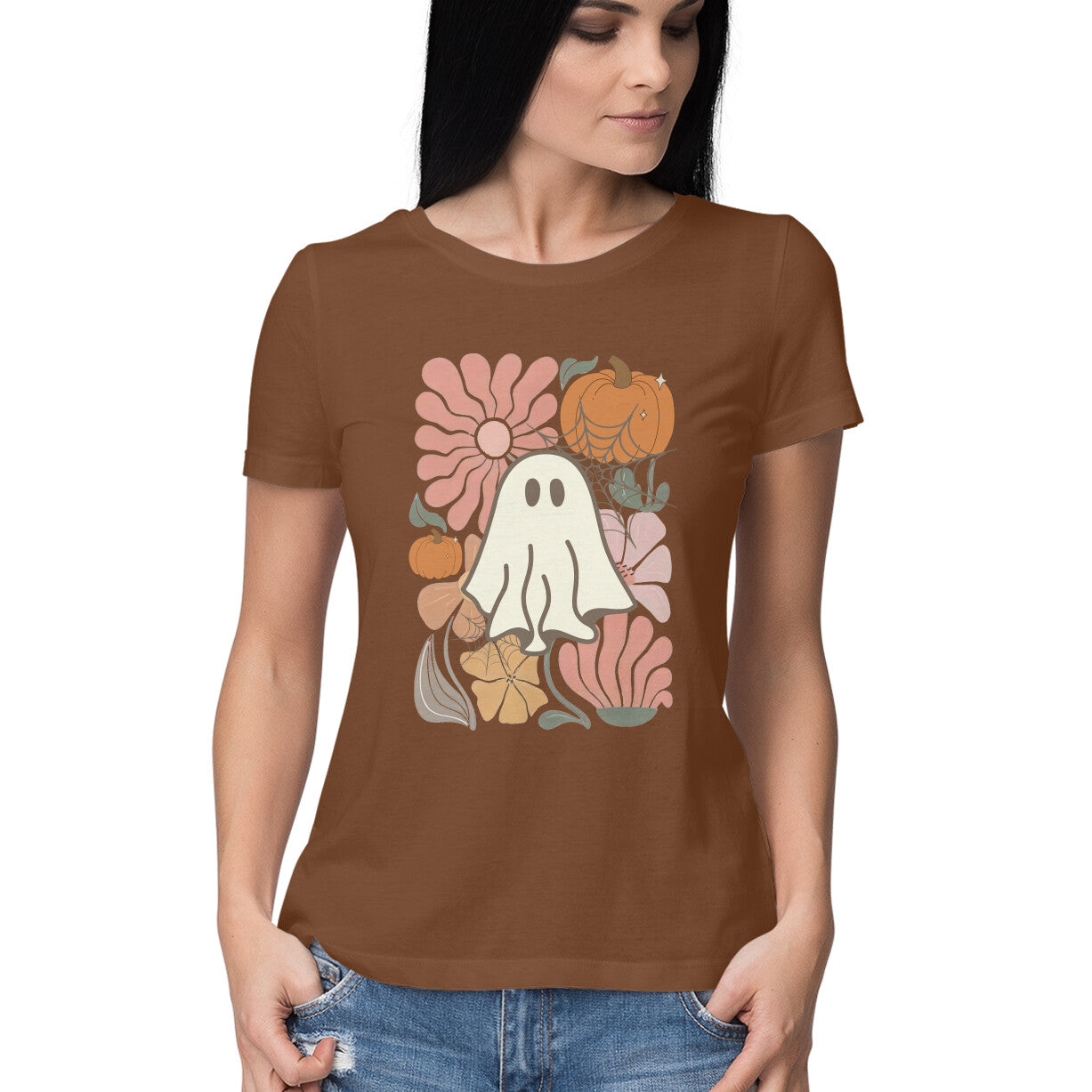 Boho Floral Ghost Women's T-Shirt Coffee Brown Printrove