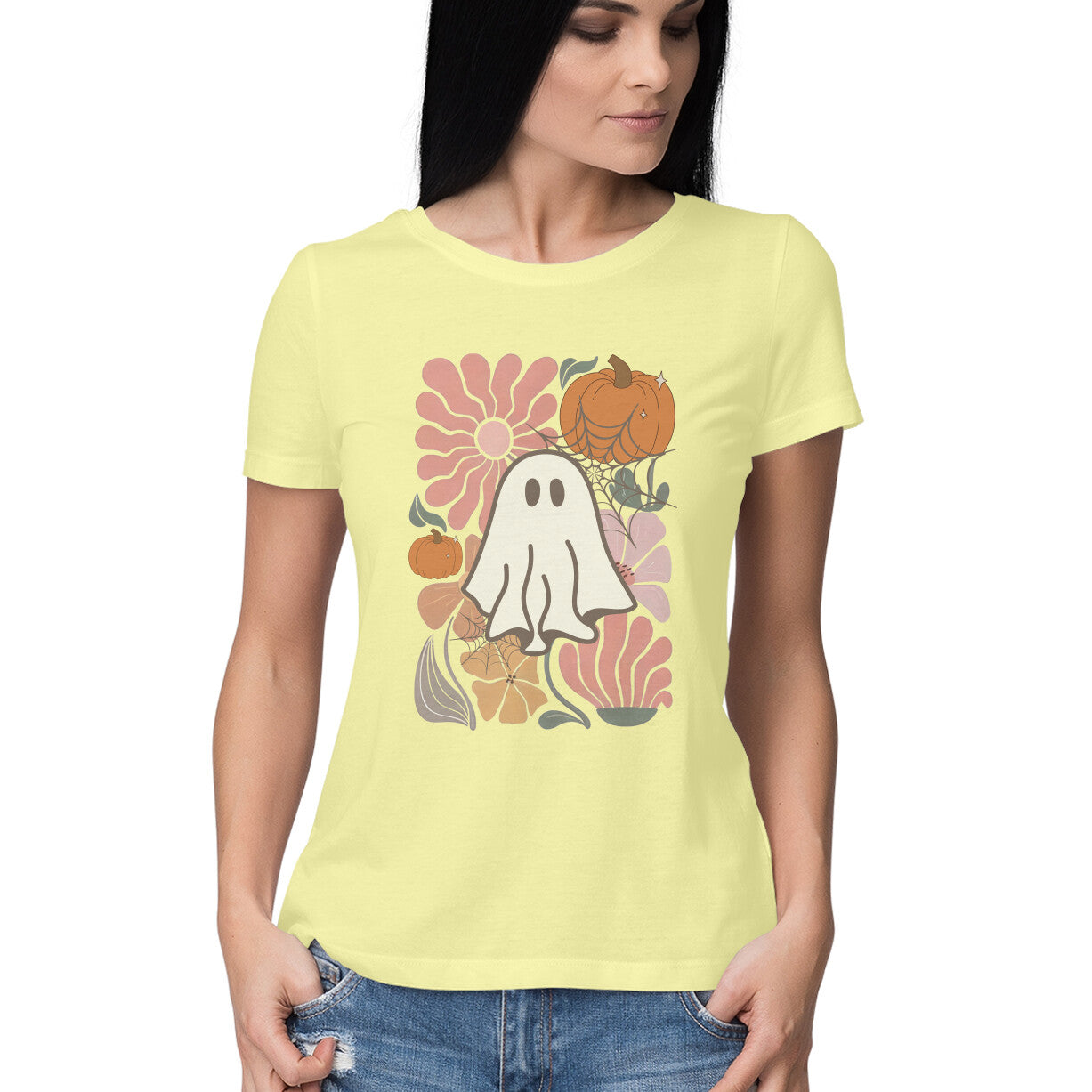 Boho Floral Ghost Women's T-Shirt Butter Yellow Printrove