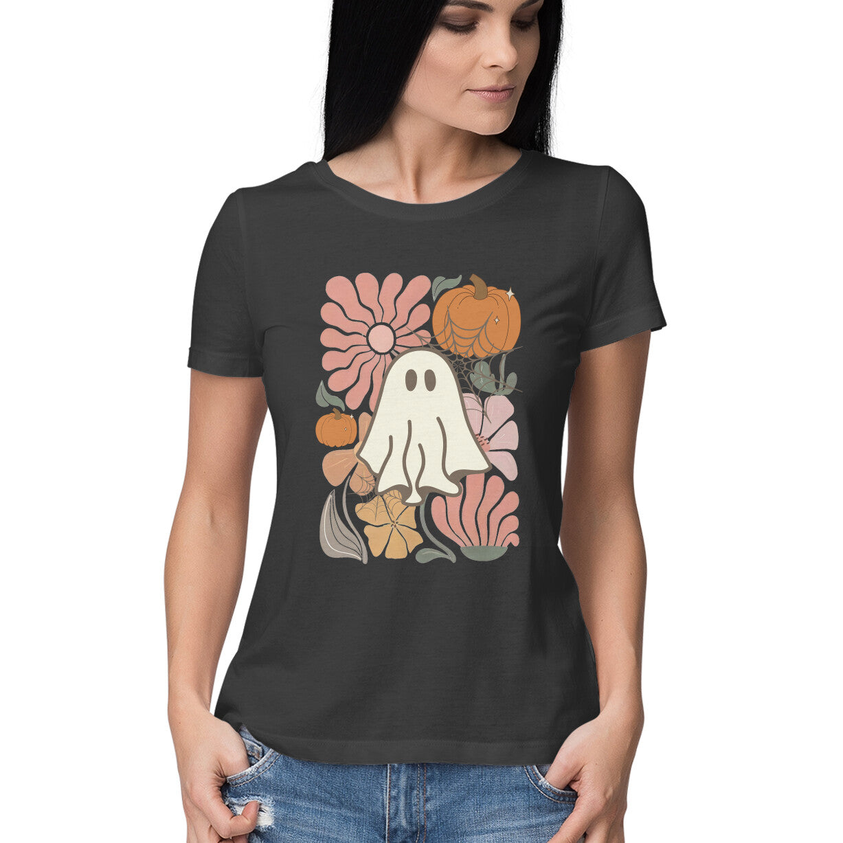 Boho Floral Ghost Women's T-Shirt Black Printrove